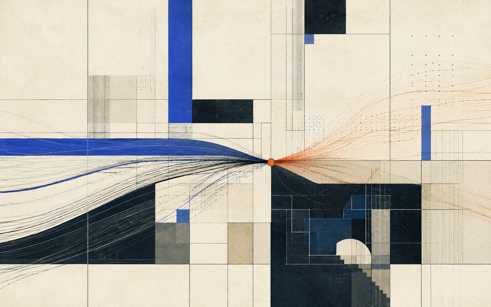 Abstract editorial composition showing structured systems converging at one decisive point